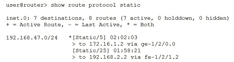 <strong> Referring to the exhibit, what information is provided about the route to 192.168.47.0/24? (Choose two.)</strong> A) There are two active routes to 192.168.47.0/24. B) There is a single active route to 192.168.47.0/24. C) There are two next hops available to 192.168.47.0/24. D) There is a single next hop available to 192.168.47.0/24.