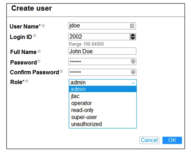 <strong>Click the Exhibit button. Which two user roles shown in the exhibit are available by default? (Choose two.)</strong> A) super-user B) operator C) jtac D) admin