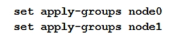 <strong>Click the Exhibit button. You are configuring an SRX chassis cluster with the node-specific hostname and management address. Referring to the exhibit, which configuration completes this requirement?</strong> A) B) C) D)