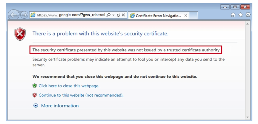 <strong>Click the Exhibit button. You have implemented SSL proxy client protection. After implementing this feature, your users are complaining about the warning message shown in the exhibit. Which action must you perform to eliminate the warning message?</strong> A) Configure the SRX Series device as a trusted site in the client Web browsers. B) Regenerate the SRX self-signed CA certificate and include the correct organization name. C) Import the SRX self-signed CA certificate into the client Web browsers. D) Import the SRX self-signed CA certificate into the SRX certificate public store.