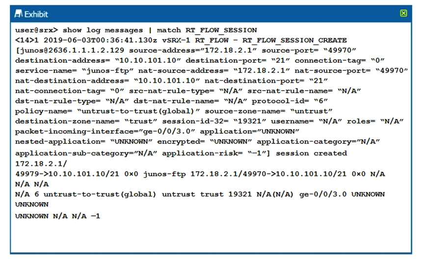 <strong>Click the Exhibit button. The output shown in the exhibit is displayed in which format?</strong> A) syslog B) WELF C) binary D) sd-syslog