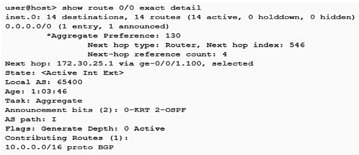 <strong>Click the Exhibit button.   Referring to the output shown in the exhibit, which two statements are true? (Choose two.)</strong> A) The route is active B) The route is not active C) The route is a generate route D) The route is an aggregate route <div style=padding-top: 35px> 