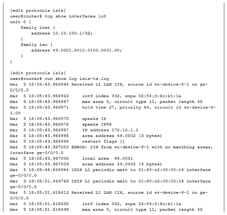 <strong>Click the Exhibit button.   Referring to the exhibit, the local router should have an IS-IS adjacency with a neighboring router, but the adjacency never establishes correctly. What should you do to solve the problem?</strong> A) Disable level 2 for the interfaces. B) Disable level 1 for the interfaces. C) Disable wide metrics. D) Change the local IS-IS area ID to 49.0002. <div style=padding-top: 35px> 
