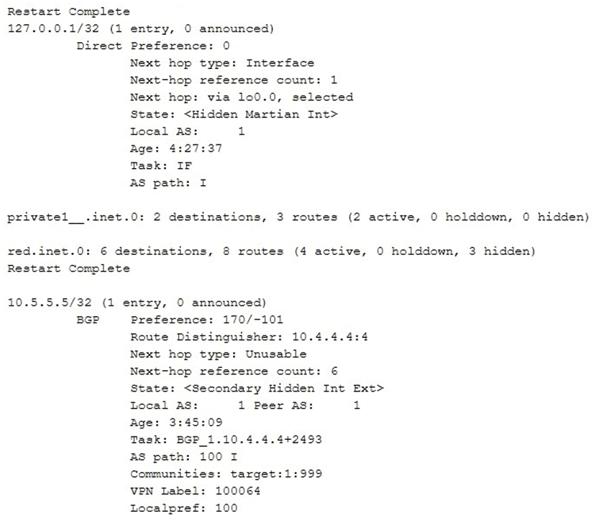 <strong>Click the Exhibit button.   Referring to the exhibit, why is the route for 10.5.5.5 hidden?</strong> A) It is a martian route. B) It has an invalid community. C) It is an L3VPN route. D) The next hop cannot be resolved. <div style=padding-top: 35px> 