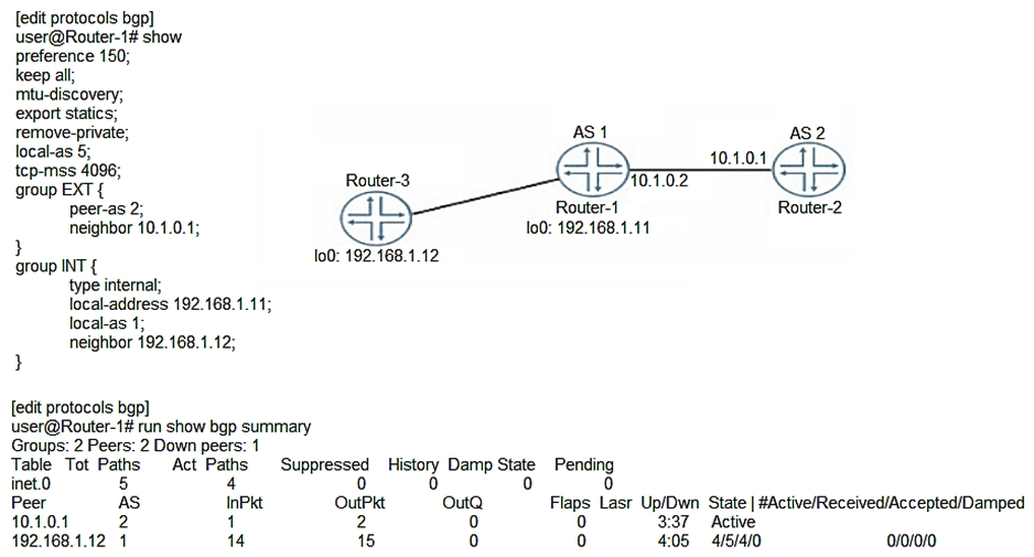 <strong>Click the Exhibit button.   Referring to the exhibit, Router-1 is attempting to form an EBGP session with Router-2. However, BGP routes are never exchanged between Router-1 and Router-2. What is causing the problem?</strong> A) The TCP-MSS value is set too low B) The EXT group is not configured as an external type BGP peering session The EXT group is not configured as an external type BGP peering session C) The EBGP session is configured to use the wrong AS D) The keep all statement is preventing the session from establishing keep all statement is preventing the session from establishing <div style=padding-top: 35px> 