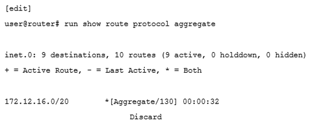 <strong>Click the Exhibit button.   Given the route shown in the exhibit, which two prefixes contribute to the aggregate route? (Choose two.)</strong> A) 172.12.31.0/24 B) 172.12.33.0/24 C) 172.12.30.0/24 D) 172.12.32.0/24 <div style=padding-top: 35px> 
