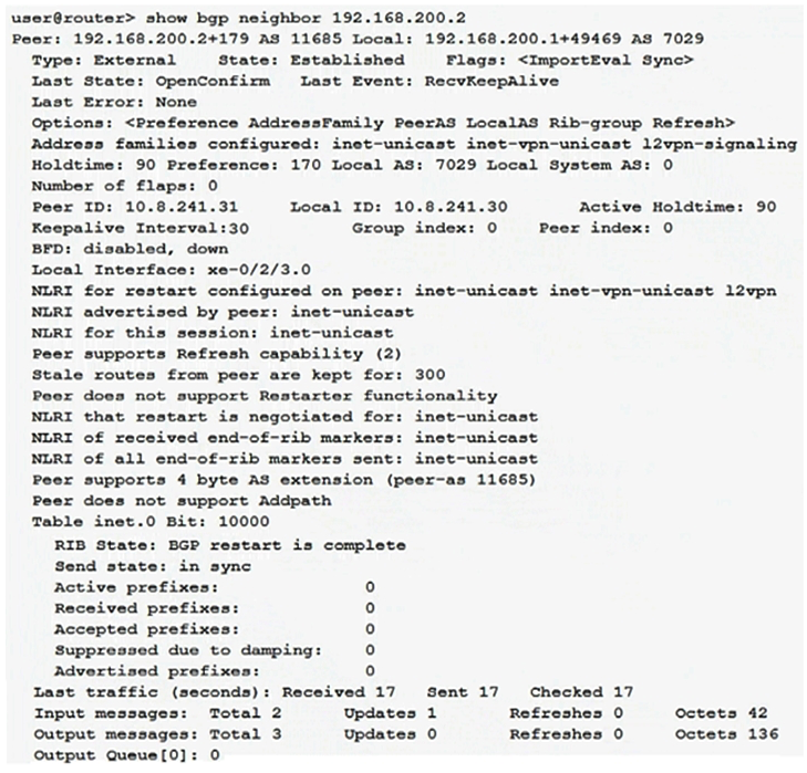 <strong>Click the Exhibit button.   Your router is configured to peer with your ISP's router using BGP. You can only control your BGP configuration. Which address families are negotiated between the two BGP peers shown in the exhibit?</strong> A) inet-unicast inet-vpn-unicast 12vpn-signaling B) inet-unicast C) inet-vpn-unicast D) inet-unicast inet-vpn-unicast 12vpn <div style=padding-top: 35px> 