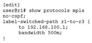 <strong>Click the Exhibit button. Referring to the exhibit, which statement is true?</strong> A) The router will attempt to signal the LSP along the IGP shortest path to 192.168.100.1 B) The router will prune links with insufficient bandwidth from the path before beginning the signaling process C) The router will analyze the traffic engineering database to determine the best path through the network D) The router will precalculate a valid path through the network for LSP r1-to-r3
