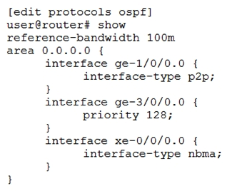 <strong>Click the Exhibit button. Referring to the exhibit, which statement is correct?</strong> A) Interface ge-3/0/0.0 has a default metric of 10 B) Interface xe-0/0/0.0 can only form a single adjacency C) Interface xe-0/0/0.0 has a default metric of 10 D) Interface ge-1/0/0.0 can only form a single adjacency