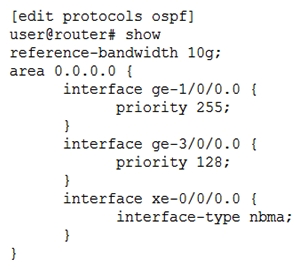 <strong>Click the Exhibit button. Referring to the exhibit, which statement is correct?</strong> A) Interface xe-0/0/0.0 has a default metric of 10 B) Interface ge-3/0/0.0 has a default metric of 10 C) Interface ge-1/0/0.0 can only form a single adjacency D) Interface xe-0/0/0.0 can only form a single adjacency