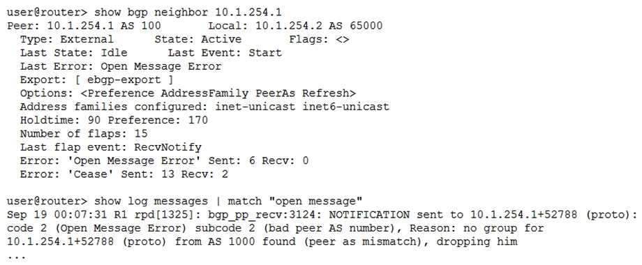 <strong>Click the Exhibit button. You are troubleshooting a new BGP peering session which is not establishing. Referring to the exhibit, which statement is true?</strong> A) The update messages contain an unsupported option B) The neighbor does not support IPv6 C) The peer's AS number is misconfigured D) The TCP session is not establishing