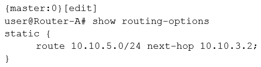 <strong>Click the Exhibit button. You must create a static route on Router-A to the 10.10.5.0/24 network using 10.10.3.2 as the next hop. Referring to the exhibit, which configuration accomplishes this task?</strong> A) B) C) D)