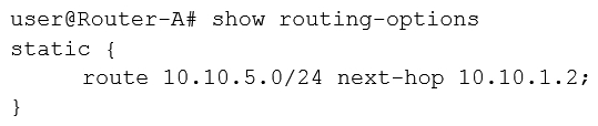 <strong>Click the Exhibit button. You must create a static route on Router-A to the 10.10.5.0/24 network using 10.10.3.2 as the next hop. Referring to the exhibit, which configuration accomplishes this task?</strong> A) B) C) D)