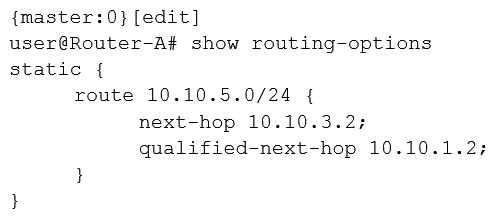 <strong>Click the Exhibit button. You must create a static route on Router-A to the 10.10.5.0/24 network using 10.10.3.2 as the next hop. Referring to the exhibit, which configuration accomplishes this task?</strong> A) B) C) D)