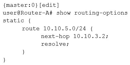 <strong>Click the Exhibit button. You must create a static route on Router-A to the 10.10.5.0/24 network using 10.10.3.2 as the next hop. Referring to the exhibit, which configuration accomplishes this task?</strong> A) B) C) D)