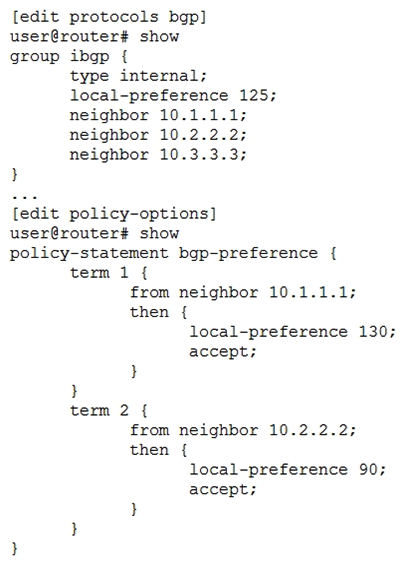 <strong>Click the Exhibit button. Referring to the exhibit, which statement is correct?</strong> A) Routes from 10.1.1.1 are more preferred than routes from 10.2.2.2 B) Routes from 10.2.2.2 are less preferred than the default local preference C) Routes from 10.3.3.3 are more preferred than the default local preference D) Routes from 10.2.2.2 are less preferred than routes from 10.3.3.3