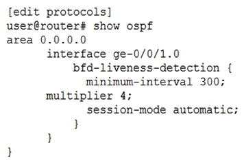 <strong>Click the Exhibit button. Referring to the exhibit, how many milliseconds must pass before the interface ge-0/0/1.0 is considered down?</strong> A) 1200 ms B) 900 ms C) 1600 ms D) 2400 ms