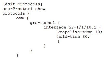 <strong>Click the Exhibit button. Referring to the exhibit what are two reasons for the configuration stanza? (Choose two.)</strong> A) to reduce the risk of forwarding traffic through a stateless tunnel B) to mark the tunnel down after the hold-time expires C) to remove the tunnel interface from inet.0 after the hold-time expires D) to mark the tunnel up after the hold-time expires