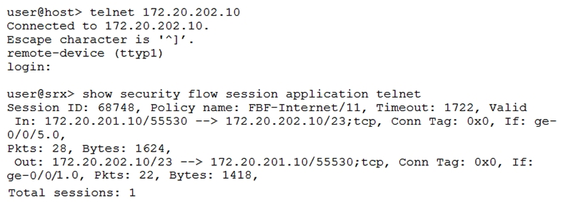 <strong>Click the Exhibit button. You are implementing a new branch site and want to ensure Internet traffic is sent directly to your ISP and other traffic is sent to your company headquarters. You have configured filter-based forwarding to accomplish this objective. You verify proper functionality using the outputs shown in the exhibit. Which two statements are true in this scenario? (Choose two.)</strong> A) The session utilizes one routing instance B) The ge-0/0/5 and ge-0/0/1 interfaces must reside in a single security zone C) The ge-0/0/5 and ge-0/0/1 interfaces can reside in different security zones D) The session utilizes two routing instances
