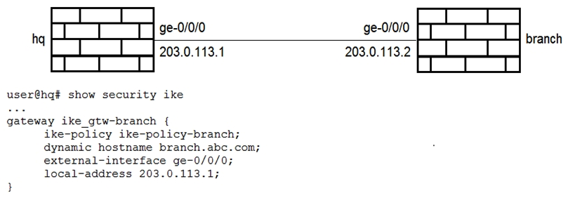 <strong>Click the Exhibit button. The IKE policy and proposal are configured properly on both devices as shown in the exhibit. Which configuration snippet will complete the IKE configuration on the branch SRX Series device?</strong> A) B) C) D)