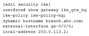 <strong>Click the Exhibit button. The IKE policy and proposal are configured properly on both devices as shown in the exhibit. Which configuration snippet will complete the IKE configuration on the branch SRX Series device?</strong> A) B) C) D)