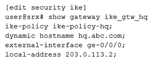 <strong>Click the Exhibit button. The IKE policy and proposal are configured properly on both devices as shown in the exhibit. Which configuration snippet will complete the IKE configuration on the branch SRX Series device?</strong> A) B) C) D)