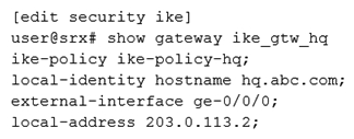 <strong>Click the Exhibit button. The IKE policy and proposal are configured properly on both devices as shown in the exhibit. Which configuration snippet will complete the IKE configuration on the branch SRX Series device?</strong> A) B) C) D)