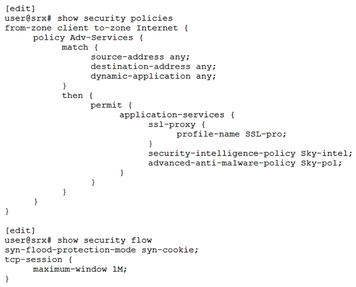 <strong>Click the Exhibit button.   You deployed a site-to-site IPsec VPN connecting two data centers together using SRX5800s. After examining the performance of the IPsec VPN, you decide to enable IPsec performance acceleration to increase the rate of traffic that can be sent through the tunnel. Referring to the exhibit, which two statements should you add to the configuration to accomplish this task? (Choose two.)</strong> A) [edit security flow] user@srx# set tcp-mss ipsec-vpn mss 65535 B) user@srx# set ipsec-performance-acceleration C) user@srx# set power-mode-ipsec D) user@srx# set load-distribution session-affinity ipsec <div style=padding-top: 35px> 