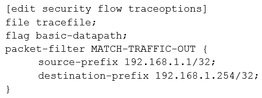 <strong>Click the Exhibit button. A user reports trouble when using SSH to a server outside your organization. The traffic traverses an SRX Series device that is performing NAT and applying security policies. Referring to the exhibit, which configuration will allow you to see the bidirectional flow through the SRX Series device?</strong> A) B) C) D)