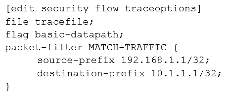 <strong>Click the Exhibit button. A user reports trouble when using SSH to a server outside your organization. The traffic traverses an SRX Series device that is performing NAT and applying security policies. Referring to the exhibit, which configuration will allow you to see the bidirectional flow through the SRX Series device?</strong> A) B) C) D)