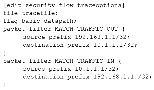 <strong>Click the Exhibit button. A user reports trouble when using SSH to a server outside your organization. The traffic traverses an SRX Series device that is performing NAT and applying security policies. Referring to the exhibit, which configuration will allow you to see the bidirectional flow through the SRX Series device?</strong> A) B) C) D)