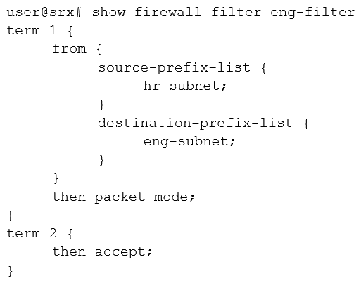 <strong>You are asked to configure an SRX Series device to bypass all security features for IP traffic from the engineering department. Which firewall filter will accomplish this task?</strong> A) B) C) D)