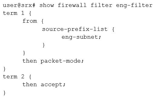 <strong>You are asked to configure an SRX Series device to bypass all security features for IP traffic from the engineering department. Which firewall filter will accomplish this task?</strong> A) B) C) D)