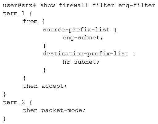 <strong>You are asked to configure an SRX Series device to bypass all security features for IP traffic from the engineering department. Which firewall filter will accomplish this task?</strong> A) B) C) D)