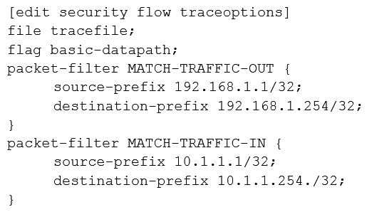 <strong>Click the Exhibit button. A user reports trouble when using SSH to a server outside your organization. The traffic traverses an SRX Series device that is performing NAT and applying security policies. Referring to the exhibit, which configuration will allow you to see the bidirectional flow through the SRX Series device?</strong> A) B) C) D)