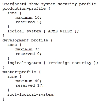 <strong>Click the Exhibit button. Referring to the exhibit, what is the maximum number of zones that are able to be created within all logical systems?</strong> A) 74 B) 34 C) 40 D) 17
