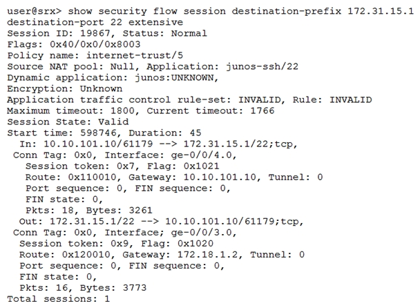 <strong>Click the Exhibit button. Given the command output shown in the exhibit, which two statements are true? (Choose two.)</strong> A) The host 172.31.15.1 is directly connected to interface ge-0/0/3.0 B) Traffic matching this session has been received since the session was established C) The host 10.10.101.10 is directly connected to interface ge-0/0/4.0 D) Network Address Translation is applied to this session