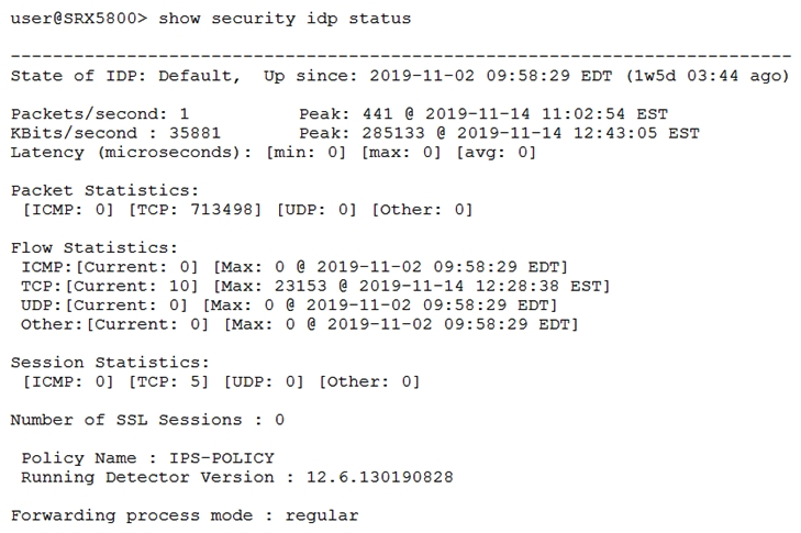 <strong>Click the Exhibit button. Referring to the exhibit, which IPS deployment mode is running on the SRX5800 device?</strong> A) sniffer mode B) integrated mode C) monitor mode D) in-line tap mode