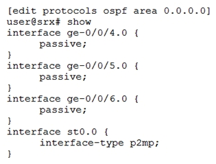 <strong>Click the Exhibit button.   You have configured an ADVPN that is operational. However, OSPF will not establish correctly across the ADVPN tunnels. Referring to the exhibit, which two commands will solve the problem? (Choose two.)</strong> A) [edit protocols ospf area 0.0.0.0] user@srx# set interface st0.0 dynamic-neighbors B) user@srx# set interface st0.0 topology advpn C) user@srx# set interface st0.0 interface-type nbma D) user@srx# set interface st0.0 demand-circuit <div style=padding-top: 35px> 