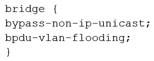 <strong>You are configuring transparent mode on an SRX Series device. You must permit IP-based traffic only, and BPDUs must be restricted to the VLANs from which they originate. Which configuration accomplishes these objectives?</strong> A) B) C) D)