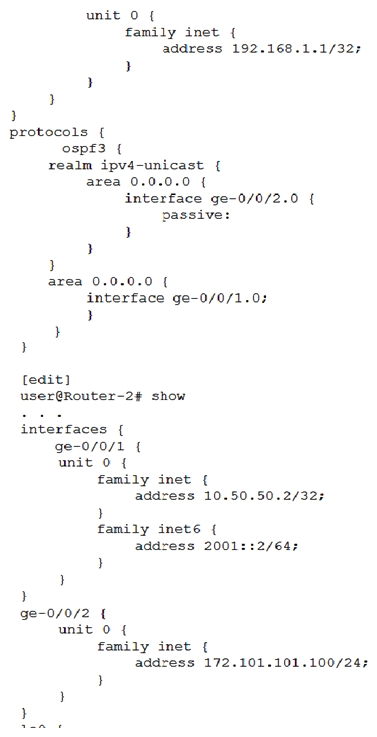 <strong>Click the Exhibit button. There is a functioning OSPFv3 neighborship between Router-1 and Router-2 over the ge-0/0/1 link. However, the 172.100.100.0/24 and 172.101.101.100/24 routes are not being shared through OSPFv3. Referring to the configuration shown in the exhibit, which two actions must you take to solve the problem? (Choose two.)</strong> A) Add interface ge-0/0/1 under the IPv4 unicast realm for both routers. B) Add the IPv6 family protocol under ge-0/0/2 for both routers. C) Add the lo0 interface under OSPFv3 for both routers. D) Add interface ge-0/0/2 under OSPFv3 for both routers.
