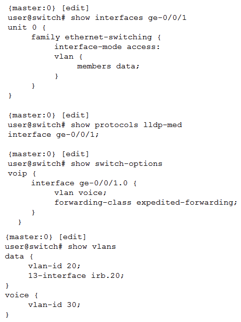 <strong>Click the Exhibit button. You have a workstation and a VoIP phone connected to port ge-0/0/1 on an access switch. Referring to the exhibit, which two statements are true? (Choose two.)</strong> A) Frames that exit interface ge-0/0/1 on the data VLAN will be tagged. B) The phone will automatically be assigned a VLAN ID. C) Voice frames that enter interface ge-0/0/1 will be forwarded as expedited forwarding traffic. D) All frames that exit interface ge-0/0/1 will belong to the data VLAN.