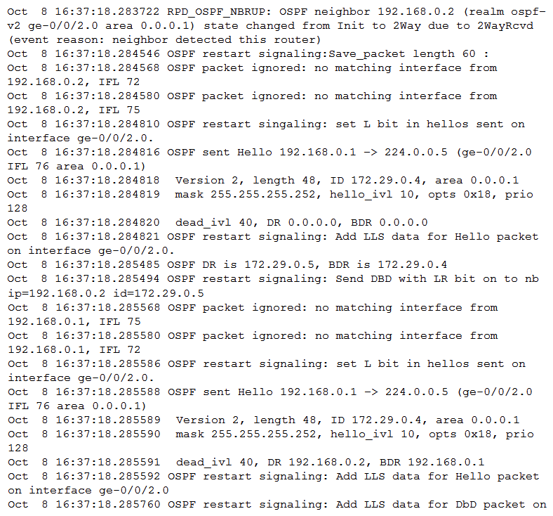 <strong>Click the Exhibit button. A router is attempting to form an OSPF neighborship with another router. However, the OSPF neighborship fails to establish completely. Referring to the exhibit, what is the problem?</strong> A) There is an interface type mismatch. B) There is an OSPF area mismatch. C) There is an interface subnet mask mismatch. D) There is an interface MTU mismatch.