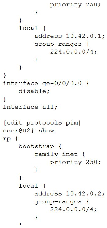 <strong> Referring to the exhibit, there are multiple ASM groups in the 224.0.0.0/4 range. Which configuration change is needed to ensure R1 is always the RP for group 224.224.1.1?</strong> A) Set the priority on R1 to zero. B) Increase the priority on R1 to higher than R2. C) Configure R1 with a higher local RP address. D) Ensure R1 has a more specific group range.