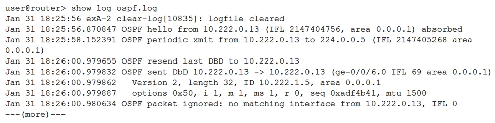 <strong>Click the Exhibit button. Referring to the log shown in the exhibit, what is the problem with the OSPF adjacency establishment?</strong> A) There is an MD5 authentication mismatch. B) The OSPF database description packet is malformed. C) The interface IP addresses on the subnet are duplicates. D) The referenced IP address does not exist on the network segment.