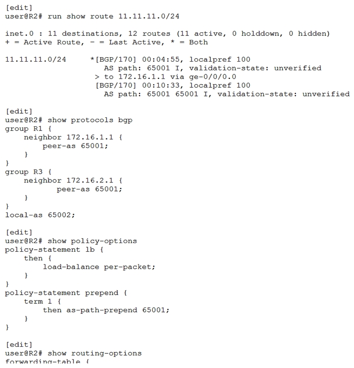 <strong> R2 is receiving the same route from R1 and R3. You must ensure that you can load balance traffic for that route. Referring to the exhibit, which two configuration changes will allow load balancing? (Choose two.)</strong> A) Apply the prepend policy as an import policy under group R1. Apply the prepend policy as an import policy under group R1. B) Configure multipath under the global BGP configuration. Configure multipath under the global BGP configuration. C) Configure multipath under group R1. under group R1. D) Apply the prepend policy as an import policy under group R3. policy as an import policy under group R3.