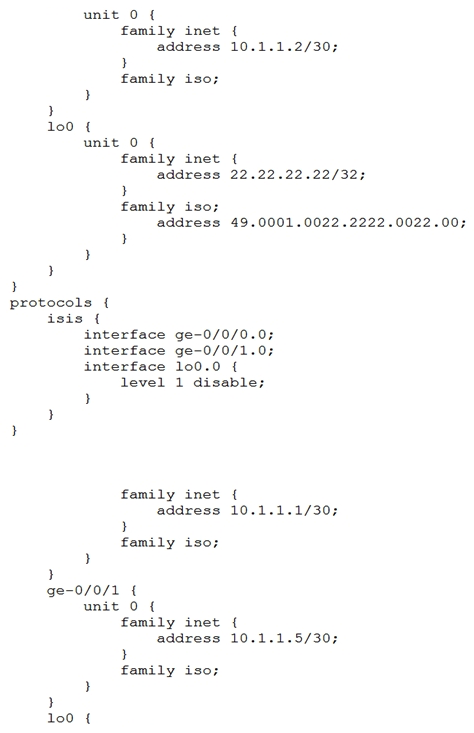 <strong> R2 has IS-IS adjacencies with R3 and R4. You want to ensure that R2 has both a level 1 and level 2 adjacency to both R3 and R4, but R2 only has one adjacency with R4. Referring to the exhibit, which configuration change will solve this issue?</strong> A) Change the IS-IS area on R4 to match R2. B) Remove the level 1 disable configuration from R4. C) Remove the level 1 disable configuration from R2. D) Change the IS-IS area on R2 to match R4.