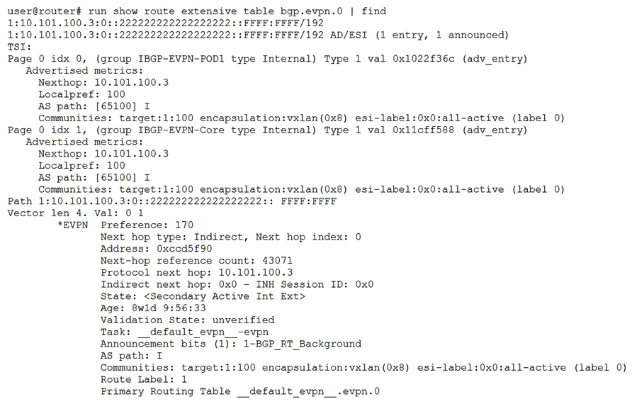 <strong> Referring to the exhibit, which three statements are correct? (Choose three.)</strong> A) The ESI is 00:22:22:22:22:22:22:22:22:22. B) This route contains the MAC address of an end host. C) The router with the IP address 10.101.100.3 is the originator of this route. D) This ESI Auto-Discovery route is used for designated forwarder election. E) This route is an EVPN Type-1 route.