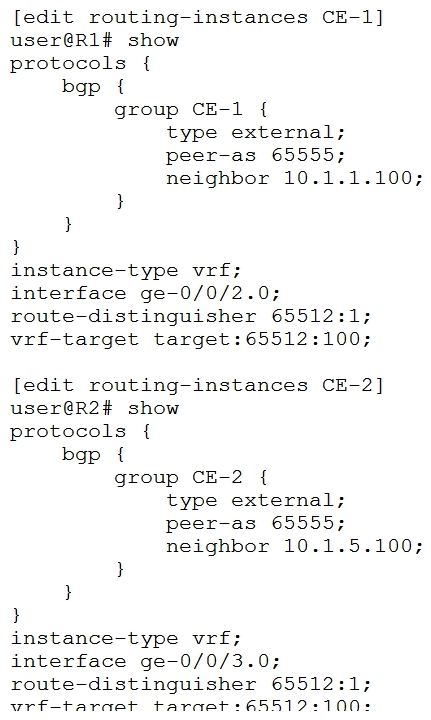 <strong> Referring to the exhibit, which two statements are true? (Choose two.)</strong> A) The CE-1 and CE-2 routes will have the same route distinguisher, which will stop the BGP routes from being shared. B) An AS loop will not exist between CE-1 and CE-2 and the BGP routes will be shared. C) An AS loop will exist between CE-1 and CE-2 and the BGP routes will not be shared. D) The CE-1 and CE-2 routes will have the same route distinguisher, which will not stop the BGP routes from being shared.