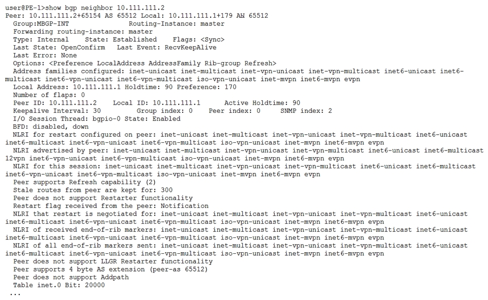 <strong> The exhibit shows a BGP peering session for two PE routers. The BGP session is up, but the hosts in the Layer 2 VPN that uses the BGP session are unable to communicate. What is the problem in this situation?</strong> A) The BGP peer does not support the add-path feature. B) There is a mismatch in the supported NLRI address families between the BGP peers. C) The local BGP router does not support Layer 2 VPN and Layer 3 VPN NLRI address families at the same time. D) The BGP peer does not support the restarter functionality.